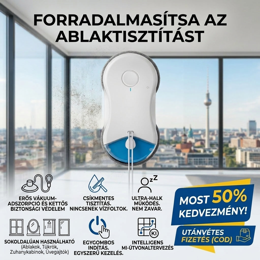 Intelligens ablaktisztító robot | Teljesen automatikus tisztítás | Intelligens útvonaltervezés | Csendes működés | Különböző üvegtípusokhoz alkalmas