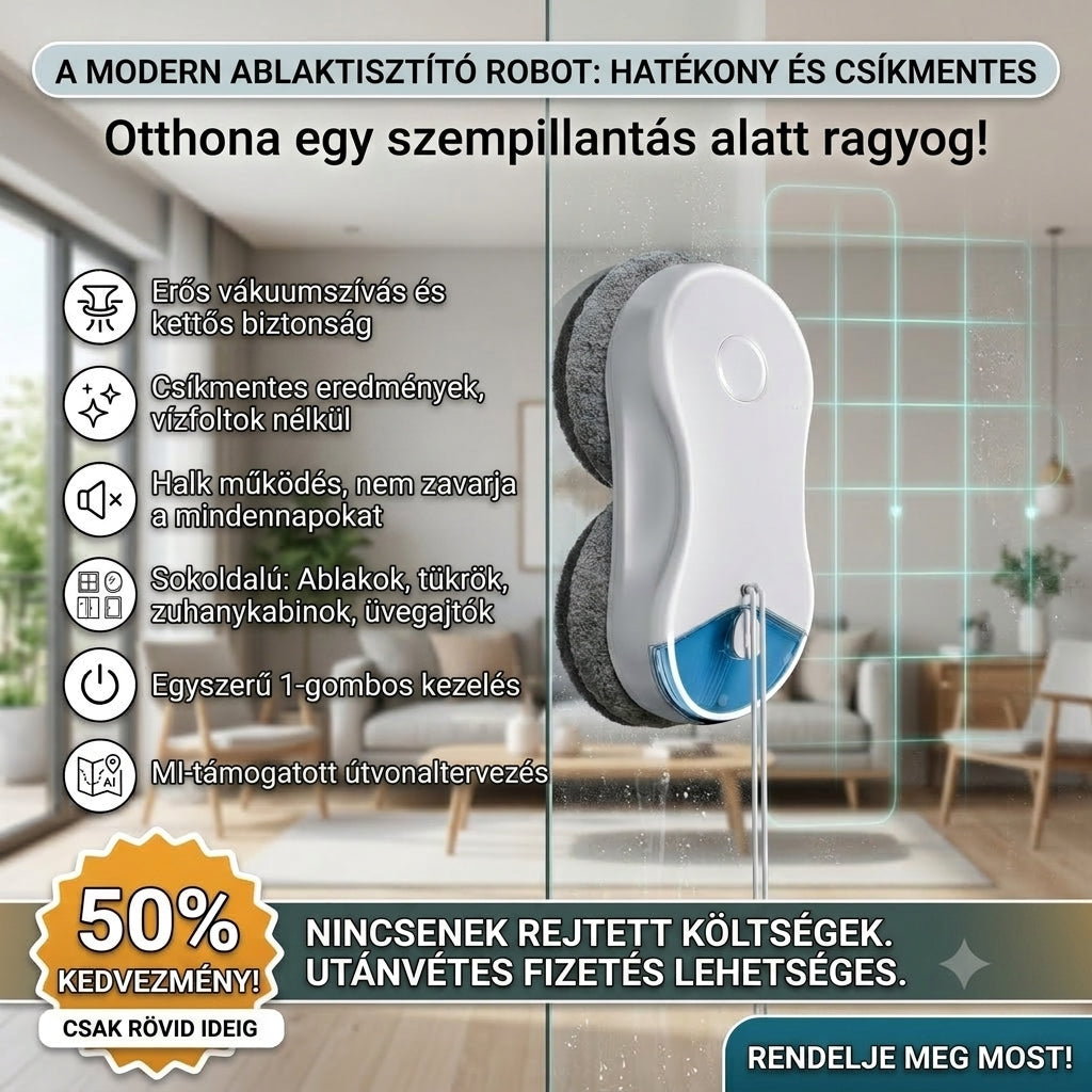 Intelligens ablaktisztító robot | Teljesen automatikus tisztítás | Intelligens útvonaltervezés | Csendes működés | Különböző üvegtípusokhoz alkalmas