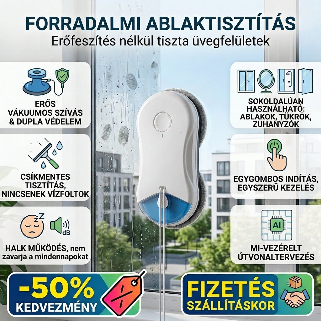 Intelligens ablaktisztító robot | Teljesen automatikus tisztítás | Intelligens útvonaltervezés | Csendes működés | Különböző üvegtípusokhoz alkalmas